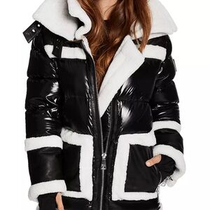 SAM entourage shearling coat Women's Black and White Puffer Jacket leather small